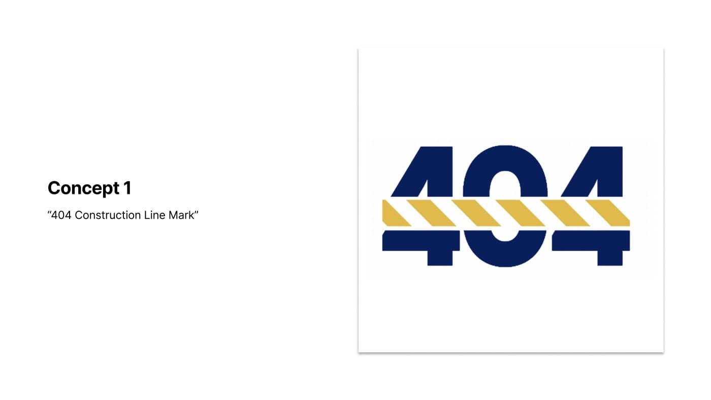 Pitch slide showing the 404 Construction Group mark: navy numerals cut through by yellow hazard stripes