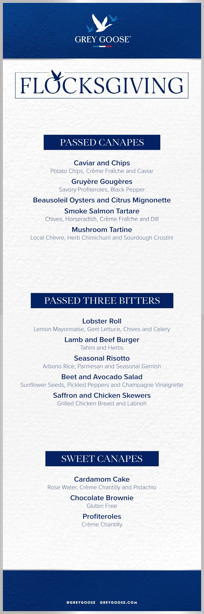 Tall Flocksgiving canapes menu with passed canapes, passed three bitters, and sweet canapes courses