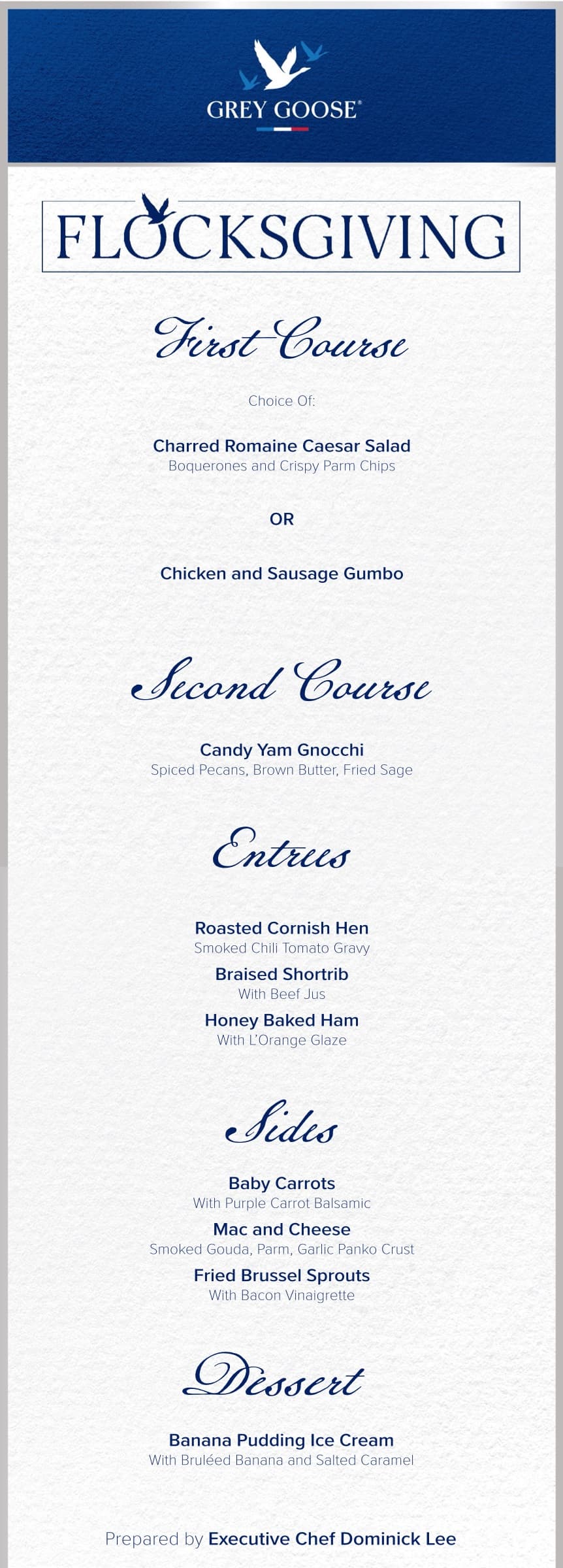 Tall Flocksgiving Houston dinner menu with first course, second course, entrees, sides, and dessert