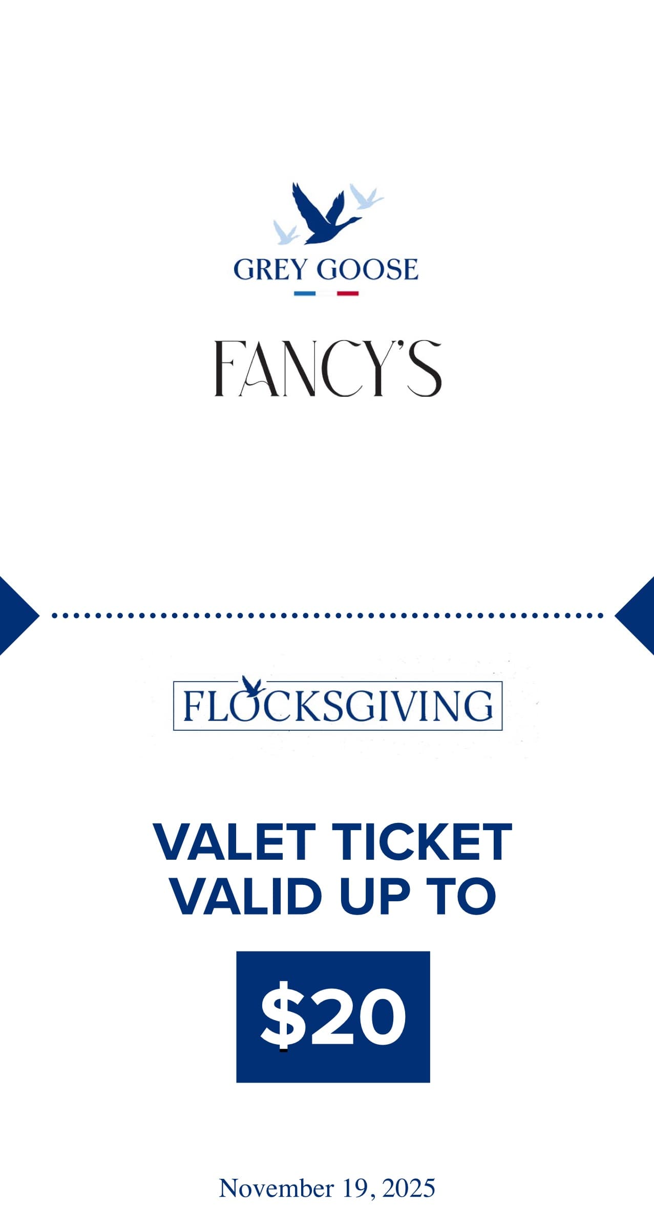 Flocksgiving valet ticket for Fancy's, Houston, valid up to twenty dollars