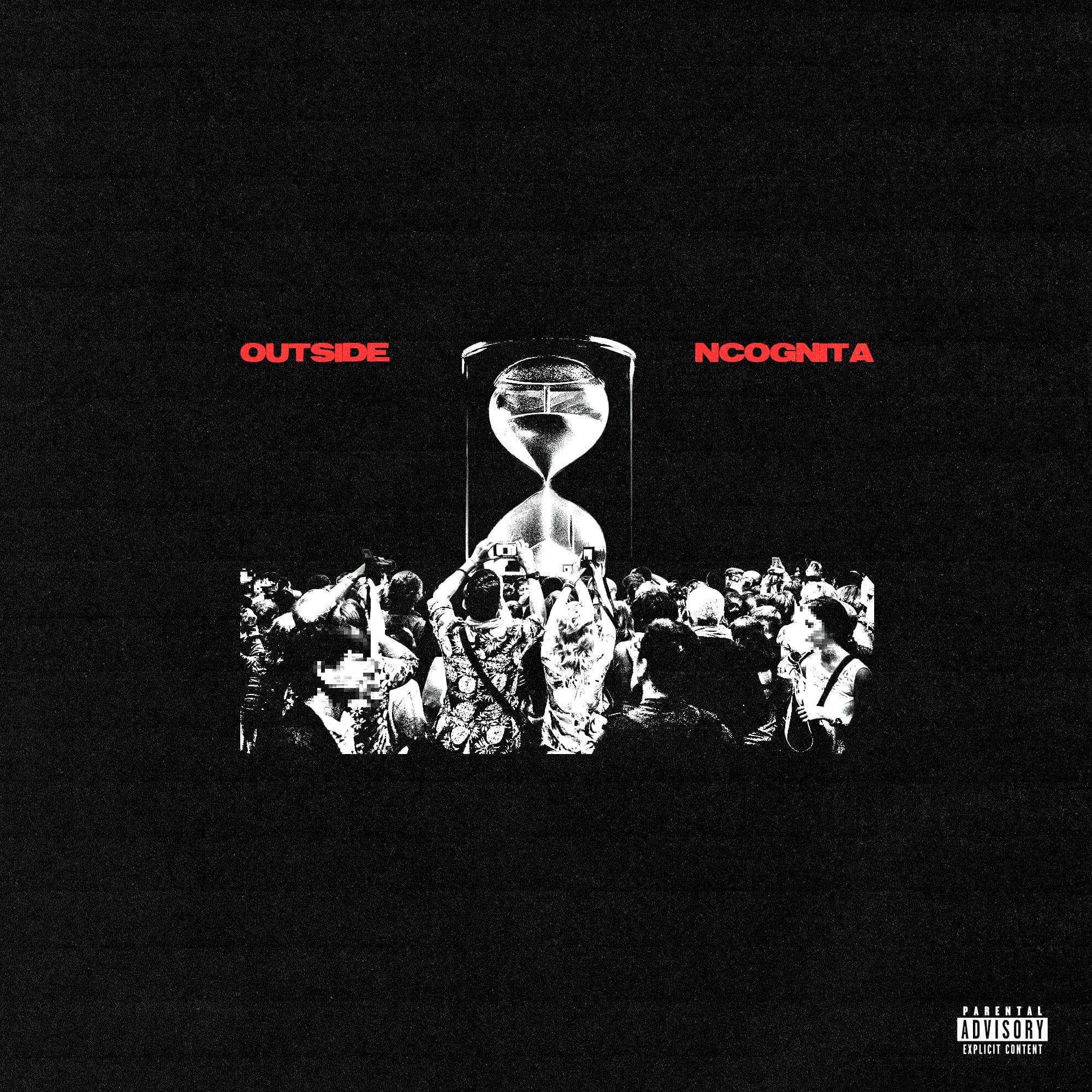 Outside single cover: an hourglass suspended over a crowd of dark figures, with Outside and NCognita in red type on black
