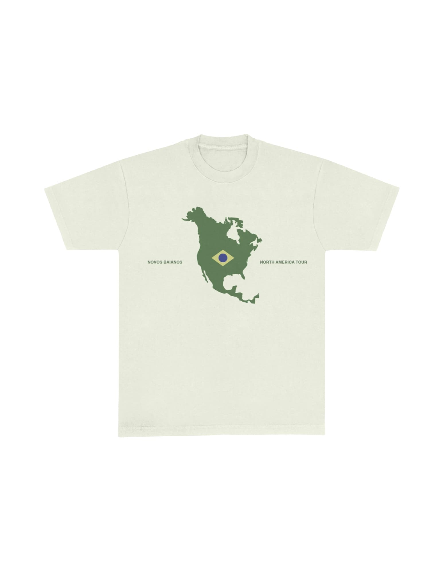 Cream tee with a green map of North America printed on the chest