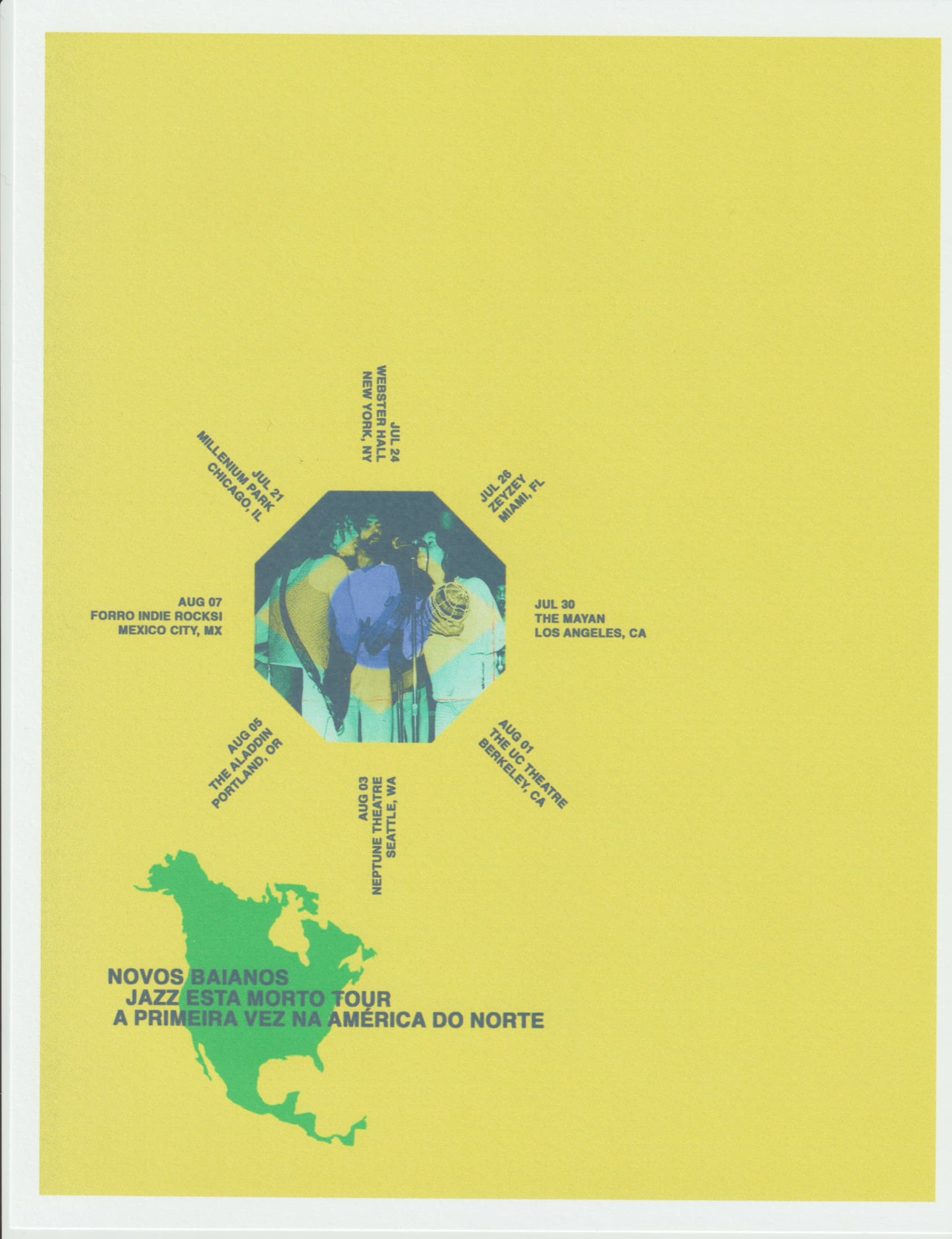 Tour poster: tour dates radiating around a photo of the band, above a green map of North America