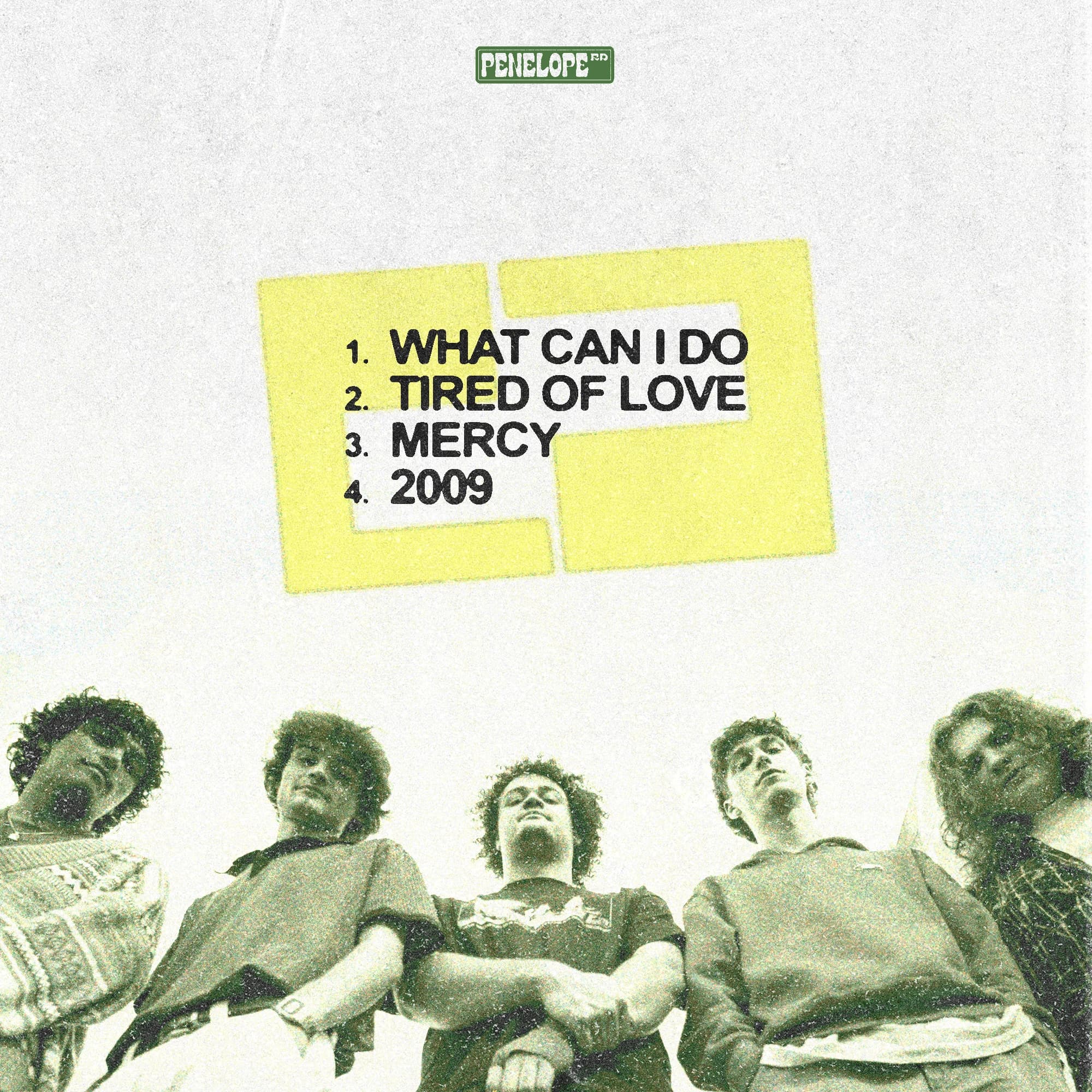EP back cover: tracklist reading What Can I Do, Tired of Love, Mercy, 2009 inside a yellow frame, above a photo of the band shot from below