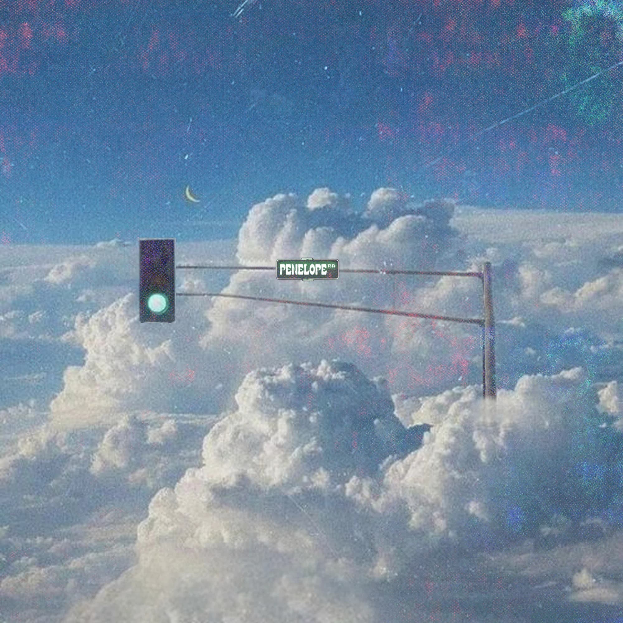 First draft concept: a street sign reading Penelope Rd on a traffic light pole floating above clouds, under a crescent moon